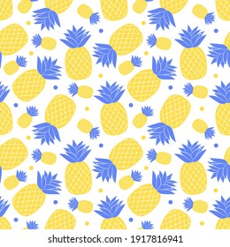 Seamless pattern with pineapples. Simple blue-yellow summer pattern with tropical fruit. Flat elements are isolated. Transparent background. For the design of clothing, and food packaging