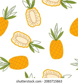Seamless pattern with pineapples. Simple vector flat illustration with exotic tropical fruits on a white background. Organic plant food