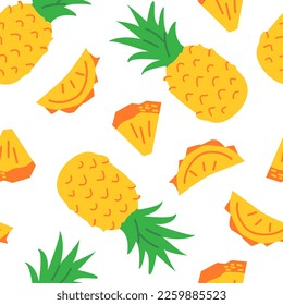 Seamless pattern with pineapples and slices. Tropical summer vector background with exotic fruits