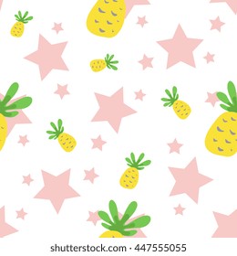Seamless Pattern with Pineapples and Stars. Cute Background with Fruit for Print.