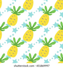 Seamless Pattern with Pineapples and Stars. Cute Background with Fruit for Print.