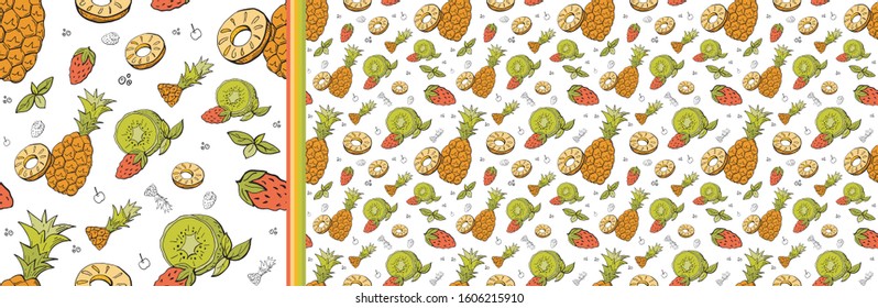 Seamless pattern with pineapples, strawberries and kiwi on a white background. Color seamless drawing sketch of tropical fruits Vector illustration of Fruit mix design