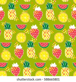 Seamless pattern with pineapples, strawberries, watermelons, lemons on green background. Bright summer fruits illustration. Good design for fabric and decor.