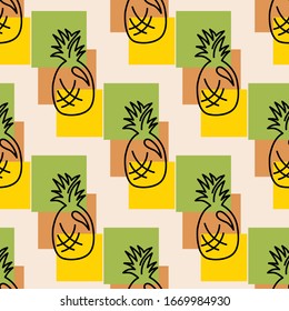 Seamless pattern. Pineapples in the style of line art. The outlines of tropical fruit and colored elements. Vector bright background.