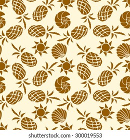 Seamless pattern with pineapples, sun, sea shells. Summer print, repeating background texture, wallpaper