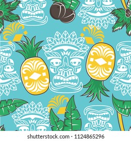 Seamless pattern with pineapples and tiki ornament. Vector illustration on blue background