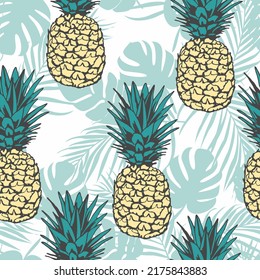 Seamless pattern with pineapples and trapical leaves. Vector illustration. Great for textiles and packaging.