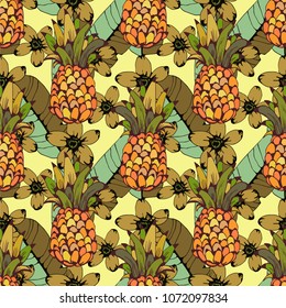 Seamless pattern with pineapples, tropical flowers, palm leaves. Summer print. background texture. Wallpaper