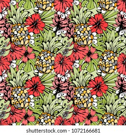 Seamless pattern with pineapples, tropical flowers, palm leaves. Summer print. Background texture. Wallpaper