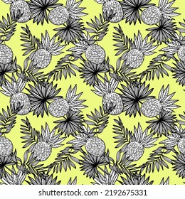 A seamless pattern of pineapples and tropical leaves, hand-drawn doodle elements in sketch style. Whole pineapples. Palm leaves. Image of summer fruits.