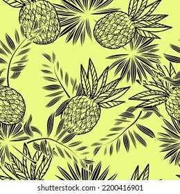 Seamless pattern of pineapples and tropical leaves, hand-drawn sketch-style elements. Whole pineapples. Palm leaves. Image of summer fruits.
