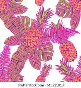 Seamless pattern with pineapples and tropical leaves on white background. Vector illustration.