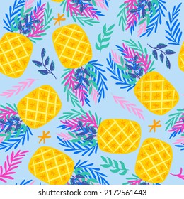 Seamless pattern with pineapples and twigs. Background for textile, fabric, stationary, swimming wear, kids, web and other design.