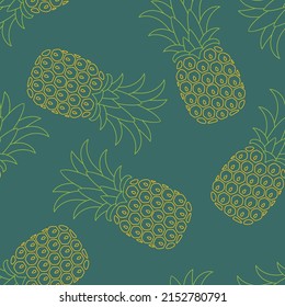 Seamless pattern with pineapples. Vector background with tropical fruits outline on dark.