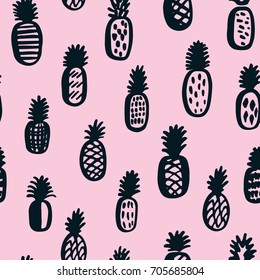 Seamless pattern with pineapples. Vector background with tropical fruit. Hand drawn illustration. Seamless tropical pattern. 