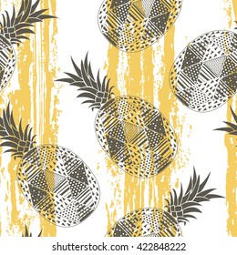 Seamless pattern with  pineapples. Vector illustration on the color texture background.