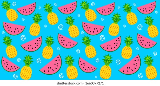 Seamless pattern with pineapples and watermelons on a  mitn background. Fresh Pineapples background.  Tropical pattern. Summer design. Bright and juicy Illustration. Horizontal banner. Vector 