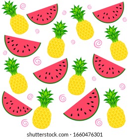 Seamless pattern with pineapples and watermelons on a White background. Fresh Pineapples background.  Tropical pattern. Summer design. Bright and juicy Illustration. Vector illustration.