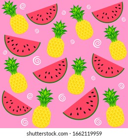 Seamless pattern with pineapples and watermelons on a pink background. Fresh Pineapples background.  Tropical pattern. Summer design. Paradise nature. Bright and juicy Vector illustration.