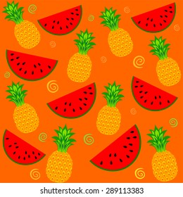 seamless pattern with pineapples and watermelons on a orange background. Vector Illustration