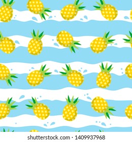 Seamless  pattern with pineapples and waves on white background. Summer, tropical, exotic, freshness, food concept for wrapping, wallpaper, backdrop. Vector illustration EPS 10.