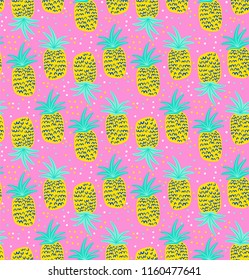Seamless pattern with pineapples. Yellow Pineapples on the pink background with dots. Vector fruit summer pattern with colorfull pineapple. Fruit repeated background. Simple repeated fruits background