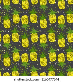 Seamless pattern with pineapples. Yellow pineapples on the dark background with dots. Vector fruit summer pattern with colorfull pineapple. Fruit repeated background. Simple repeated fruits background