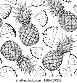 Seamless pattern. Pineappple hand drawn package design. Pineapple  template. Vector illustration. Pineapple sketch, brochure illustration. Pattern illustration. Can used for package