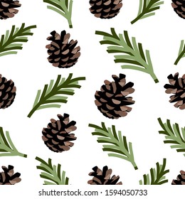 Seamless pattern with pinecone branch on the white background, vector illustration can be used for greeting card, ad, textile printing