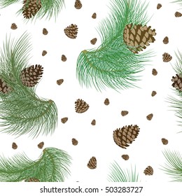 Seamless pattern with pinecones and realistic christmas tree green branches. Fir, spruce design or background for invitation, poster, greeting cards. Christmas and New Year holiday vector illustration