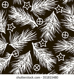 Seamless pattern with pine's needles and christmas decorations. Black and white. 