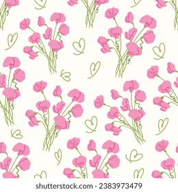 Seamless pattern of ping small flowers and green flower stalks shaped like hearts on white background, Vintage floral background, Pattern for design wallpaper, gift wrap paper and fashion prints.