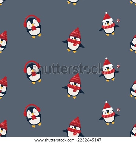 Seamless pattern - pinguins in red hats and with cups on gray background. FLat winter pattern