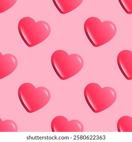 Seamless pattern with pink 3D hearts on a pastel pink background. Valentine's Day background with ballon like hearts. 14th February poster with cute hearts. Valentine card with glossy candy hearts