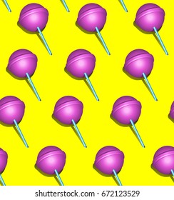 seamless pattern of pink 3d lollipop on yellow background, modern abstract background