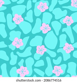 Seamless pattern with pink abstract flowers and animal skin texture on blue background,print for wallpaper,kids textile,baby fashion,girly illustration with botanical motif,nature clip art