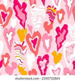 Seamless pattern with pink abstract hand drawn hearts. Creative wave hearts texture.Vector background for fabric, textile, wallpaper, digital papers.
