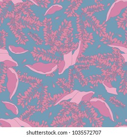 Seamless pattern from pink abstract leaves and petals on a blue background