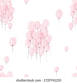 Seamless pattern with pink air balloons. Vector imitation of watercolor drawing. Cute digital paper with flying bunches of balloons.