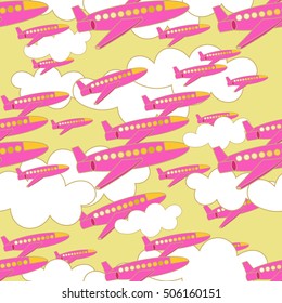 seamless pattern with pink airplanes with clouds vector illustration