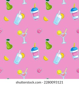 Nahtlose Muster rosa Alkohol, Limonade, Saft, Limonade und Früchte. Vektorgrafik in minimalistischem Flachstil, Weinkeller. Stoffdruck, Druckdesign, Postkarten