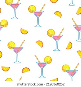 Seamless pattern with pink alcoholic cocktail Margarita, lime and drinking straw on a white background. Vector illustration in a minimalistic flat style, hand drawn. Print for textiles