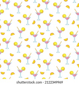 Seamless pattern with pink alcoholic cocktail Margarita, lime and drinking straw on a white background. Vector illustration in a minimalistic flat style, hand drawn. Print for textiles