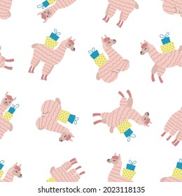 Seamless pattern of pink alpacas with gift boxes on white background. Ideal for baby cloth, wallpaper, wrapping paper, home decor.