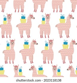 Seamless pattern of pink alpacas with gift boxes on white background. Ideal for baby cloth, wallpaper, wrapping paper, home decor.