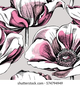 Seamless pattern with pink Anemone flowers on a gray background. Vector illustration.