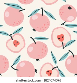 Seamless pattern of pink apple and half of apple background elements on a beige background. Colorful background texture for kitchen, wallpaper, textile, fabric, paper. Vegan food pattern. Hand-drawn.