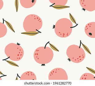 Seamless pattern of pink apples, isolated on beige background. Hand-drawn fruits in flat style. Concept of healthy eating, gardening, summertime. Suitable for web and print design.