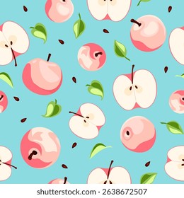 Seamless pattern with pink apples, leaves, and seeds on a blue background. Vector fruit print. Hand-drawn illustration, not AI