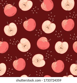 Seamless pattern of pink apples whole and halved with seeds flat vector illustration on burgundy background